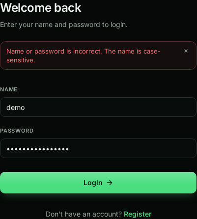 Login form with the error: Name or password is incorrect. The name is case-sensitive.