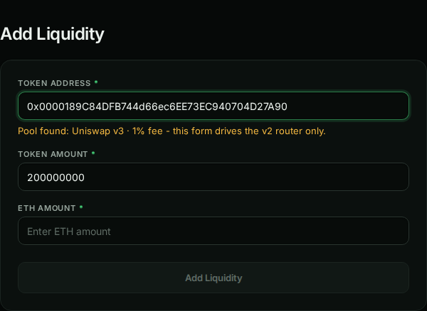 Add Liquidity with the DEMO address entered and the yellow badge: Pool found: Uniswap v3 · 1% fee - this form drives the v2 router only. Token amount auto-filled with 200000000, ETH amount empty, Add Liquidity disabled.