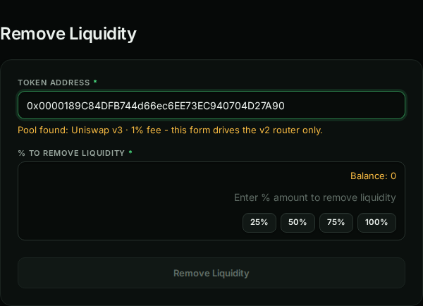 Remove Liquidity with the DEMO address, the v3 pool badge, a % to remove field showing Balance: 0 with 25%, 50%, 75% and 100% buttons, and a disabled Remove Liquidity button.