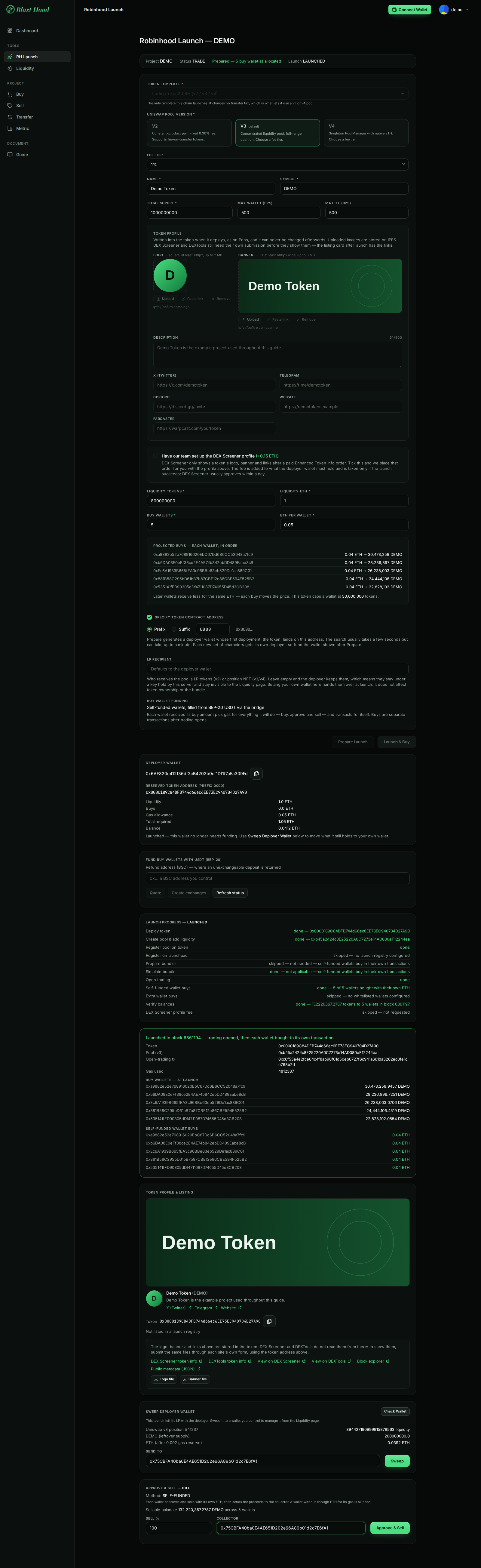 The whole RH Launch page after a launch, from the project banner to the Approve & Sell card.