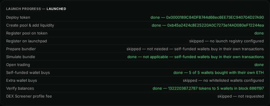 Launch Progress — LAUNCHED with eleven steps: deploy token done with the token address, create pool done with the pool address, register pool on token done, register on launchpad skipped (no launch registry configured), prepare bundler skipped (not needed — self-funded wallets buy in their own transactions), simulate bundle done (not applicable), open trading done, self-funded wallet buys done (5 of 5 wallets bought with their own ETH), extra wallet buys skipped, verify balances done (132220367.2787 tokens to 5 wallets), DEX Screener profile fee skipped.