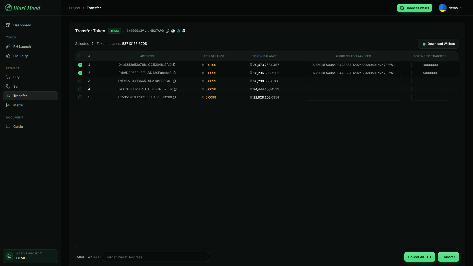 Transfer Token page with wallets 1 and 2 ticked, each sending to the same address, 10000000 and 5000000 tokens; Selected 2, token balance 58,710,155.6708; bottom bar with Target Wallet, Collect All ETH and Transfer.